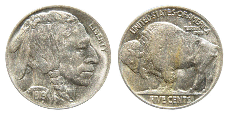 1919 Buffalo Nickel obverse showing Indian head portrait and reverse with standing bison