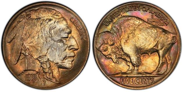 Comparison of normal 1919 Buffalo Nickel vs DDO FS-101 showing date and LIBERTY doubling under magnification