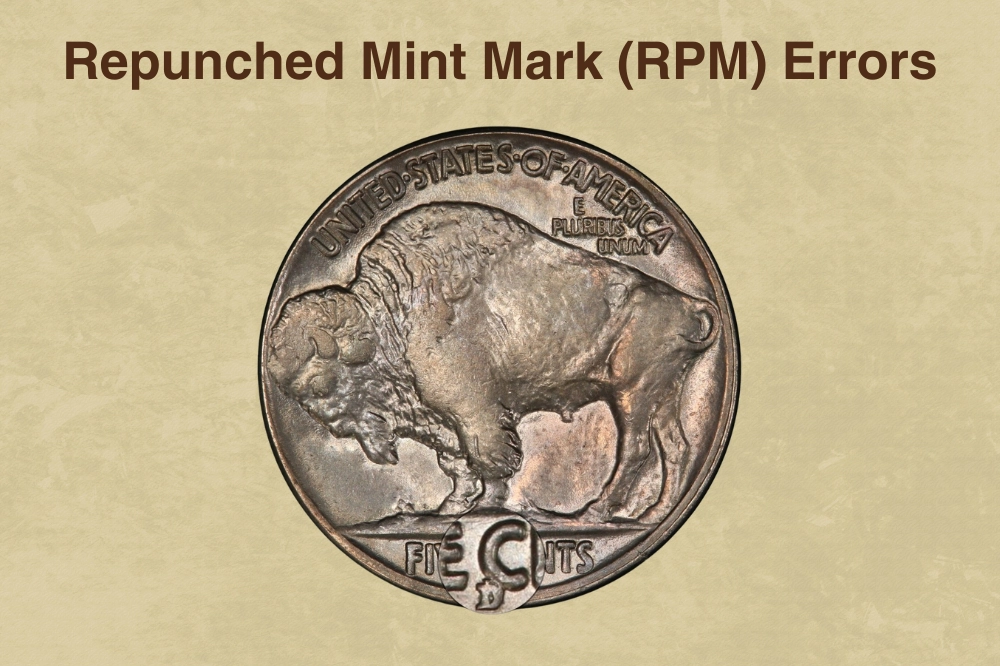 1919-D Buffalo Nickel repunched mint mark showing doubled D mint mark under magnification