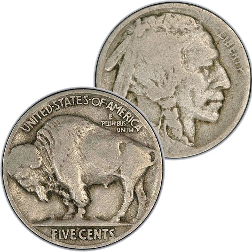 1919 Buffalo Nickel grading strip showing Good, Fine, Very Fine, and Uncirculated examples in sequence